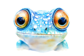 A whimsical blue frog with large, expressive eyes and a colorful, textured appearance.