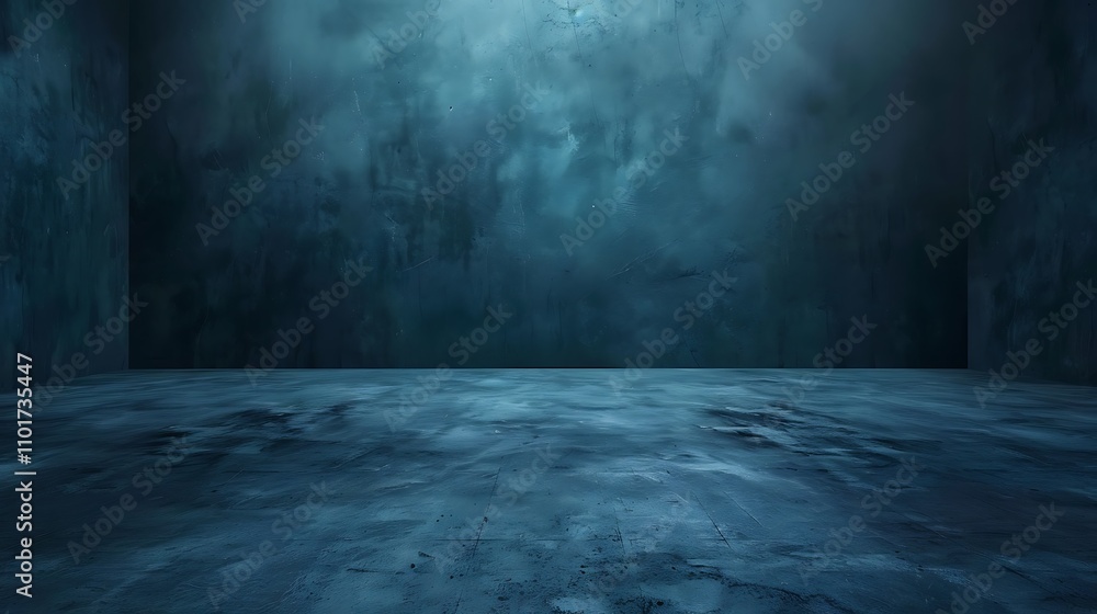 Poster a textured, dark blue room with a smooth floor, creating an abstract and atmospheric environment.