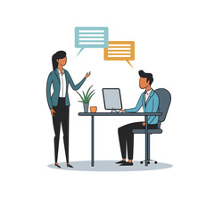 A young woman and man are sitting at a small table, working on their laptops and collaborating using online chat bubbles.