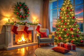 Cozy Christmas Scene with Red Santa Hat and Stocking Under Tree, Holiday Spirit, Festive Decor, Panoramic View of a Living Room, Celebratory Atmosphere, Family Traditions, Winter Wonderland