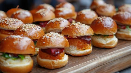 Assortment of Delicious Mini Burgers Presented on a Wooden Platter for an Elegant Food Event, Showcasing Savory Ingredients and Freshness