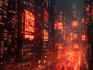 Fototapeta premium Futuristic Cityscape with Large Screens Displaying Business Data and Information