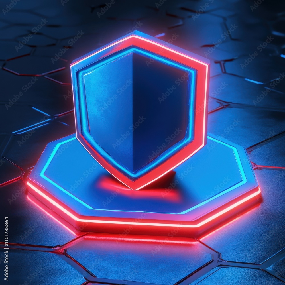 Poster a futuristic shield icon with glowing red and blue neon lights set against a dark hexagonal backgrou
