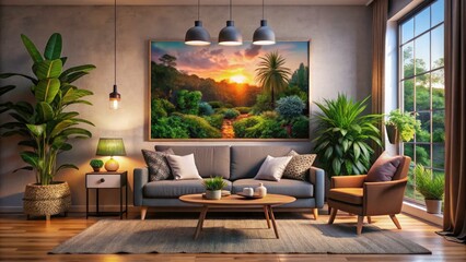Cozy Home Interior with Mockup Poster Frame - Drone Photography of Stylish Living Room Design and Decor Ideas for Modern Homes