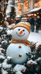 Fototapeta premium Cheerful snowman wearing a gold hat amidst snow-covered winter decor.