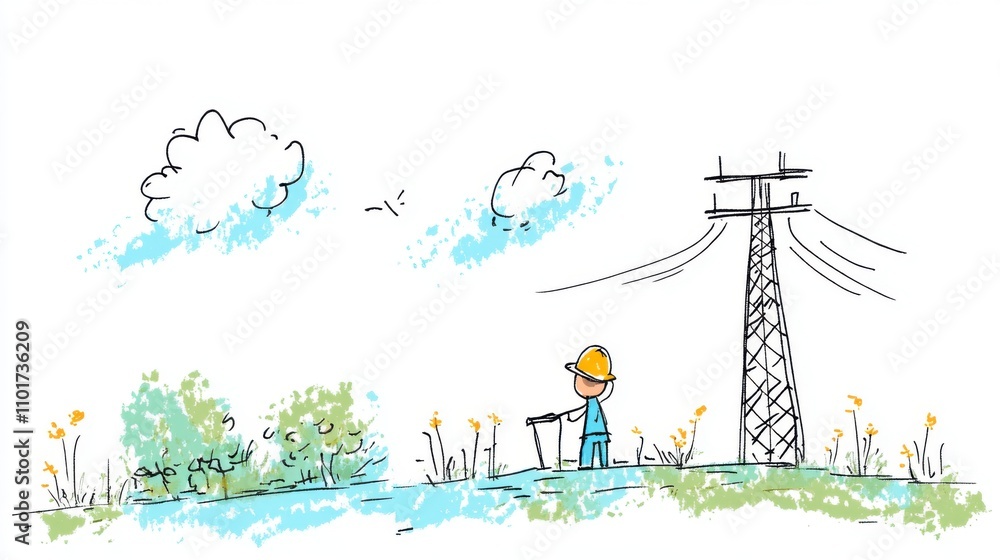 Poster worker in a safety hat digging near power line with clouds and grass in a colorful landscape