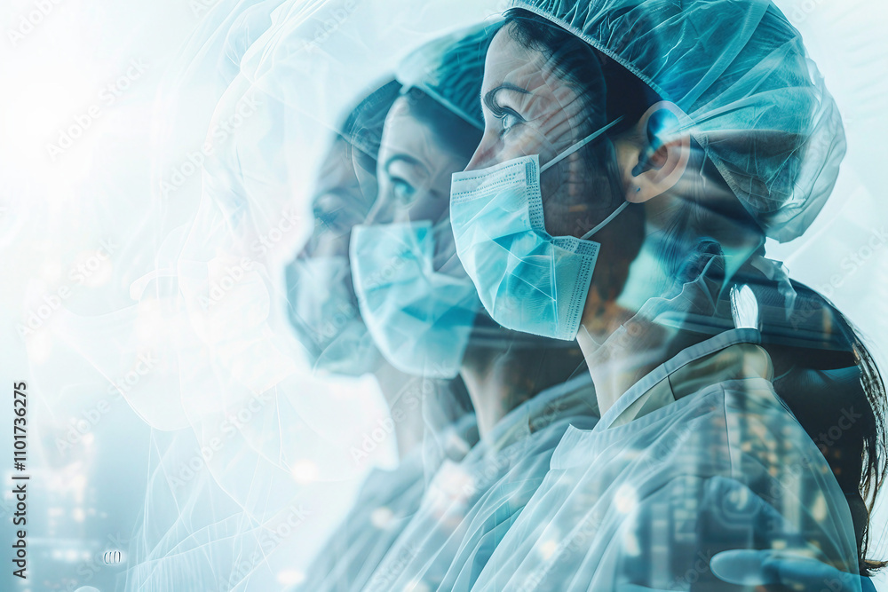 Poster a double exposure image of a worker in laboratory generative ai