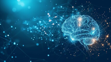 A futuristic digital rendering of a glowing human brain, surrounded by a complex web of interconnected lines representing neural networks. The image, set against a blue backdrop, symbolizes artificial