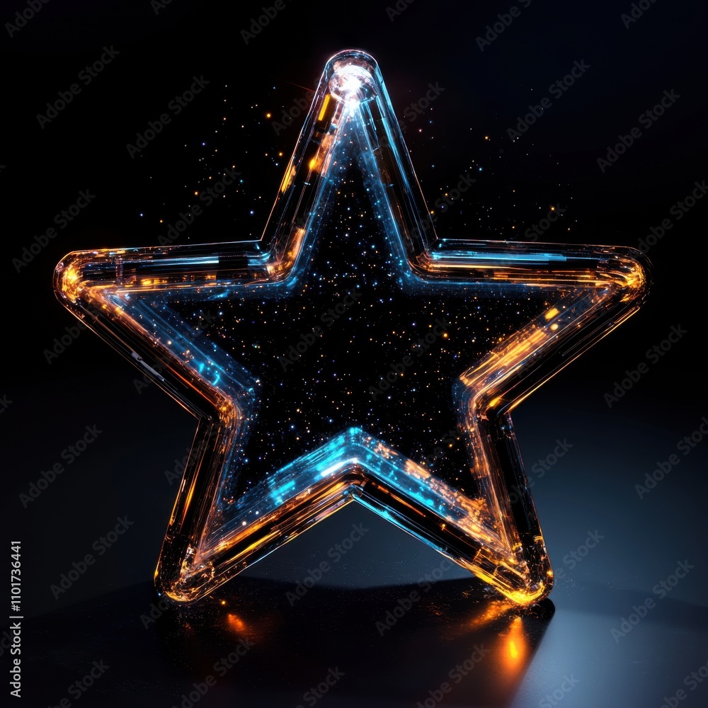 Poster a translucent star shape glowing with blue and orange lights, surrounded by sparkling particles in a