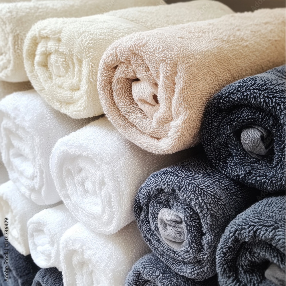 Aufkleber a stack of neatly rolled soft towels in neutral colors, creating a cozy and inviting atmosphere.