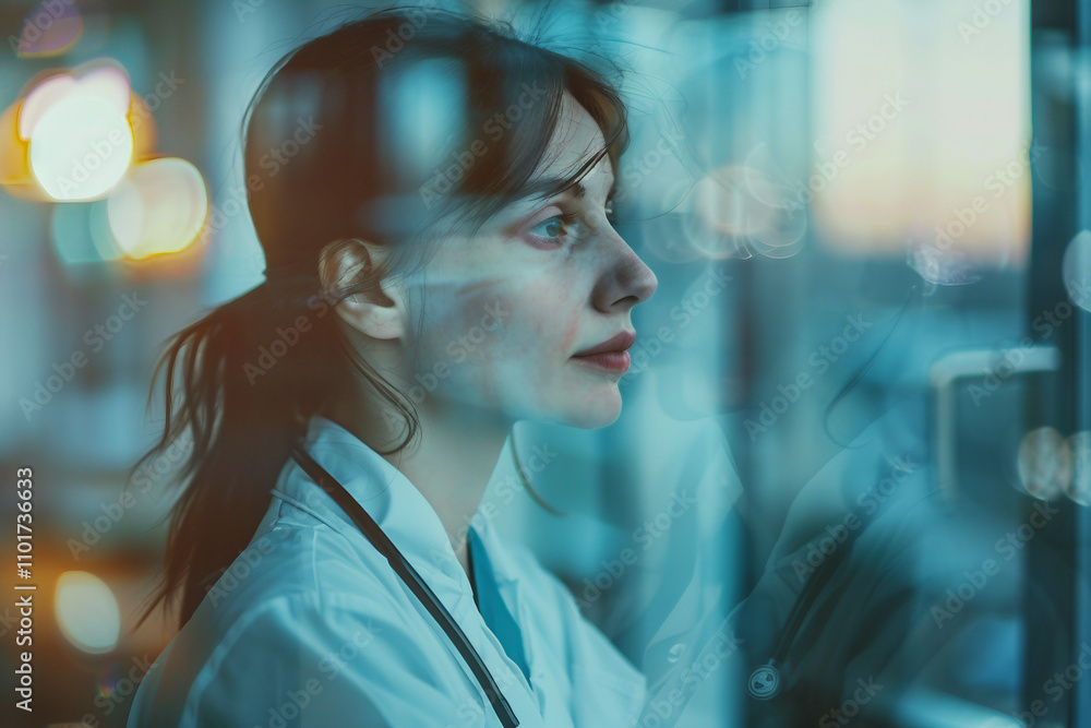 Poster a double exposure image of a hospital worker in laboratory generative ai