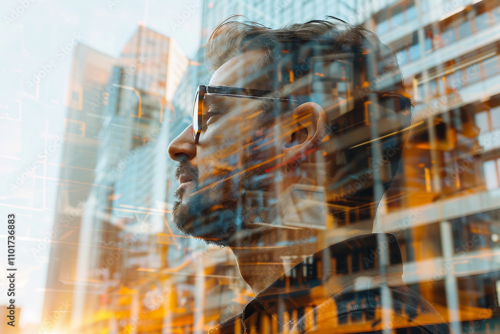Poster side view portrait illustrating future architecture technology generative ai