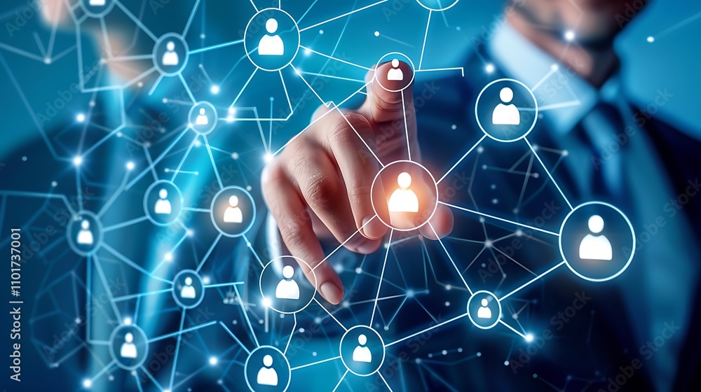 Poster a business professional interacting with a digital network of user icons, symbolizing connectivity a