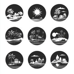 Aesthetic black and white illustrations showcasing tropical landscapes with palm trees, sun, and serene settings.