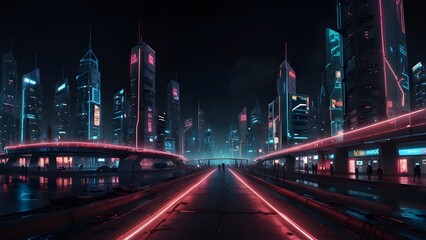 Fototapeta premium Futuristic cyberpunk night city with neon light in 360 panorama, capturing vibrant urban Atmosphere and energy