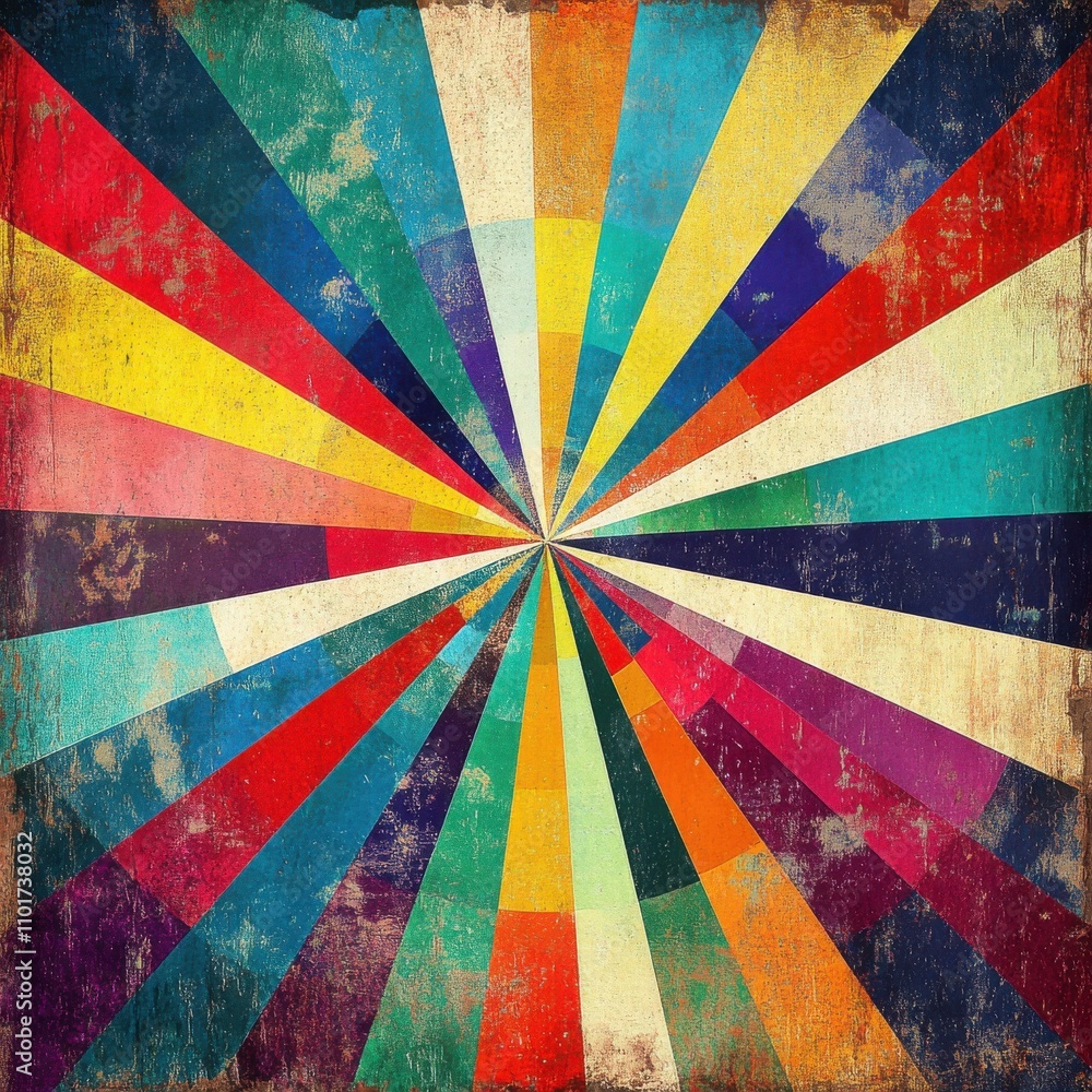 Poster a vibrant abstract artwork featuring colorful rays converging at the center, creating a retro-inspir