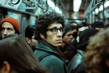 Obraz premium Generative AI portrait of people crowd busy day on dimly lit metro bus train public transport concept, urban scene