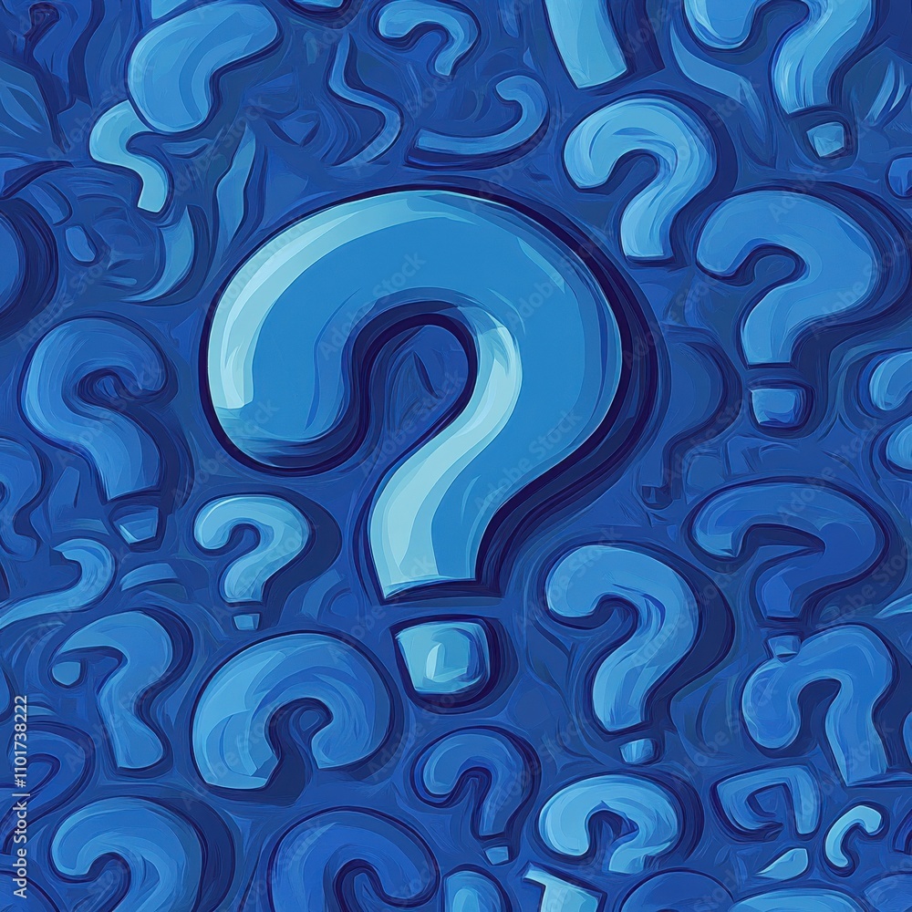 Poster a large, shiny blue question mark stands out against a textured blue background filled with smaller 