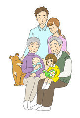 笑顔で仲良しなペットのいる三世代家族のイラスト