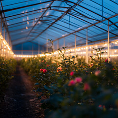 Nighttime rose cultivation greenhouse floral photography indoor garden close-up beauty of nature