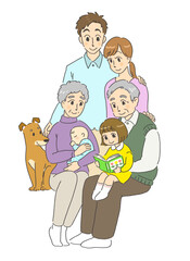 笑顔で仲良しなペットのいる三世代家族のイラスト