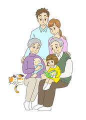 笑顔で仲良しなペットのいる三世代家族のイラスト