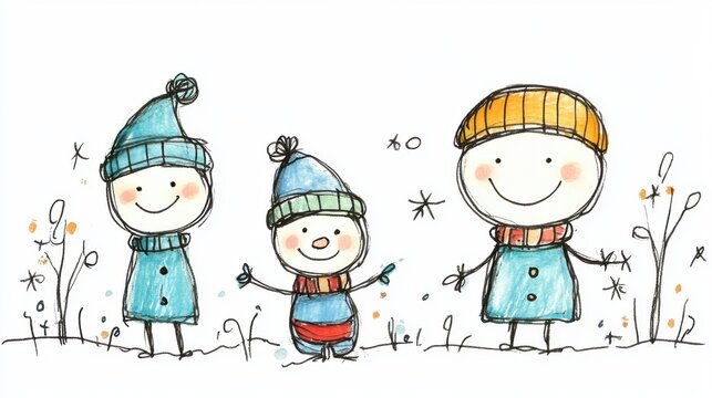 Cheerful Winter Characters in Colorful Hats and Scarves Enjoying a Snowy Day in a Playful and Whimsical Art Style, Capturing the Joy of Winter Fun