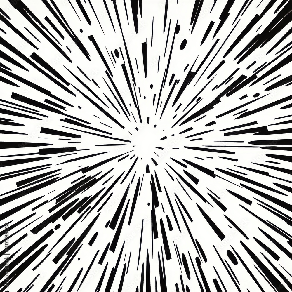 Poster dynamic black and white explosion graphic with sharp lines radiating outward from the center.