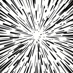 Obraz premium Dynamic black and white explosion graphic with sharp lines radiating outward from the center.