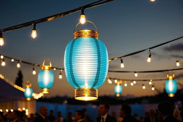 Shimmering Lantern Held High in Cyan and Gold for a Festive Celebration
