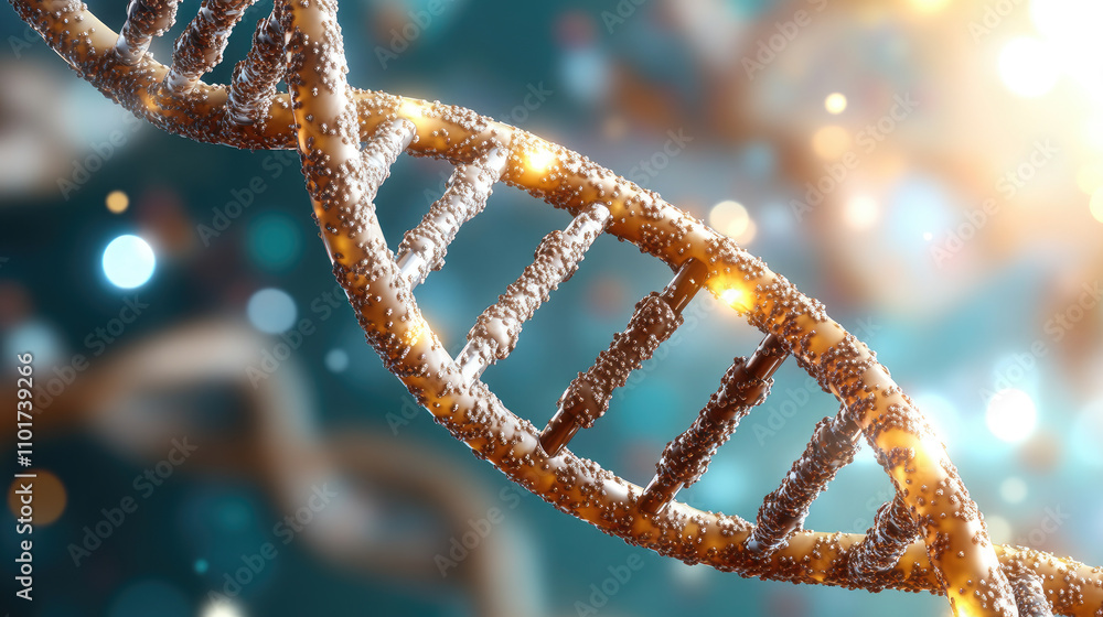 Poster illuminated dna helix with blurred particles, close-up of molecular structure emphasizing intricacie