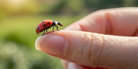 Ladybug Close Up on Fingertip Symbolizing Mindfulness and Nature Balance - Stock Photo Concept