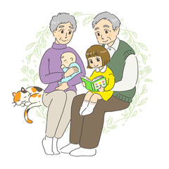 おじいちゃんとおばあちゃんと孫のかわいいイラスト