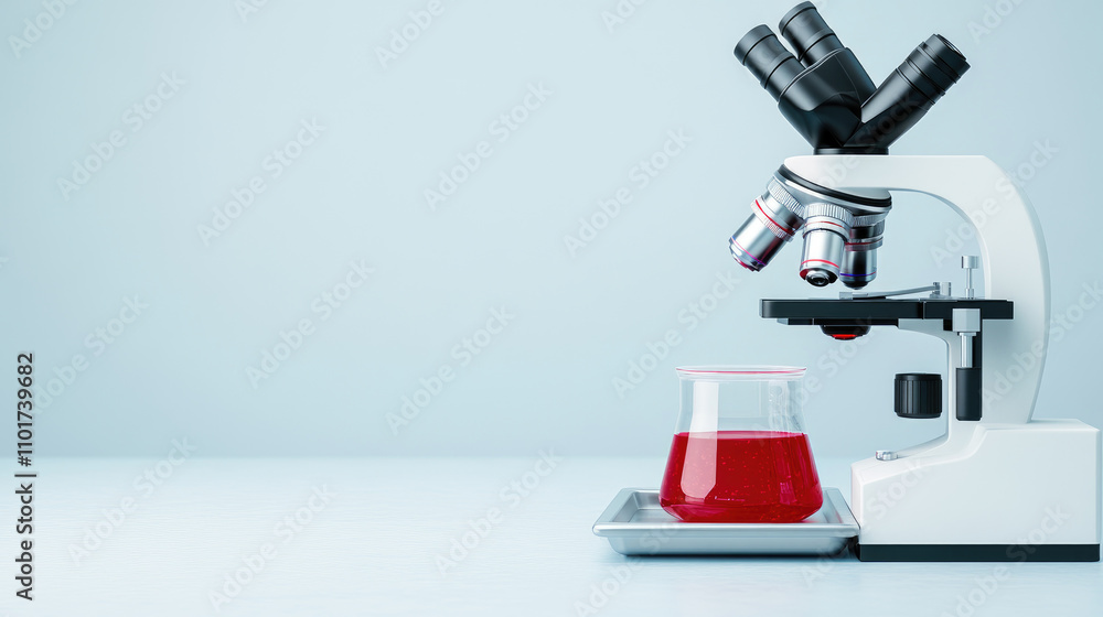 Poster microscope lab scene, a detailed 3d illustration of a lab featuring a microscope and a tray of vibra