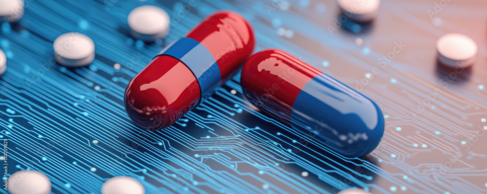 Poster pills on circuit board, vibrant red and blue capsules rest on a circuit board, illuminated by a lumi