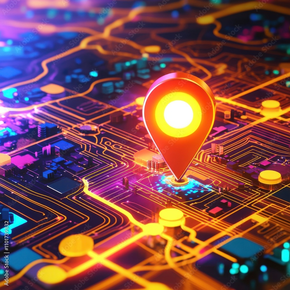 Poster a vibrant digital map with a glowing location pin highlighting a specific area, surrounded by neon c