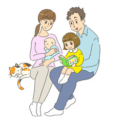 笑顔で仲良しなペットのいる家族のイラスト