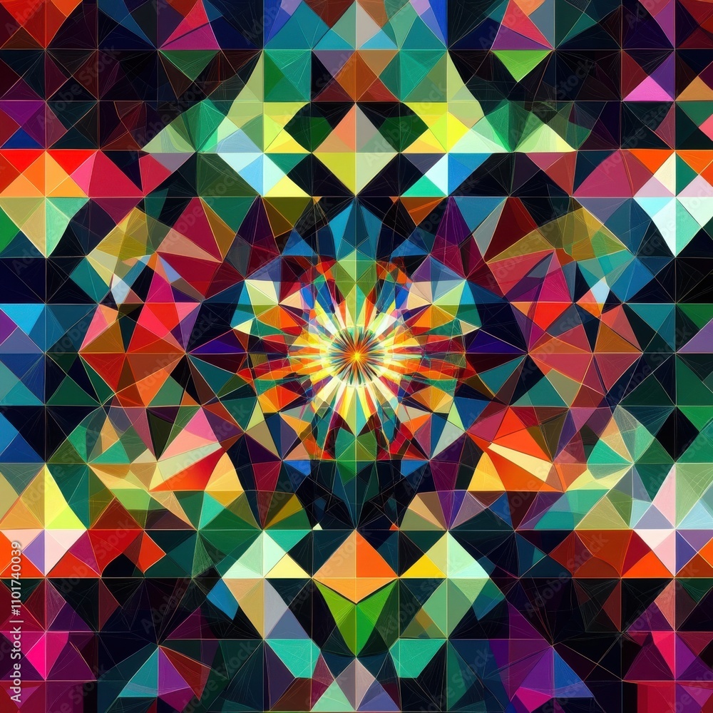 Poster a vibrant abstract geometric pattern featuring colorful triangles radiating from the center, creatin