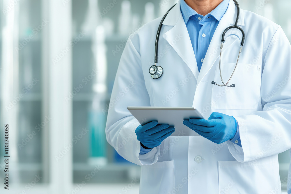 Poster medical scientists collaborate in a sleek lab, analyzing cutting-edge biomarker research data on a d