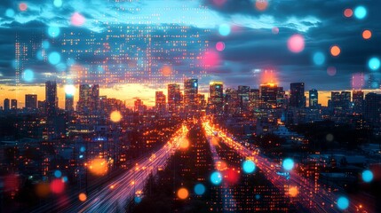 Fototapeta premium Night Cityscape Illuminated With Digital Data Overlay
