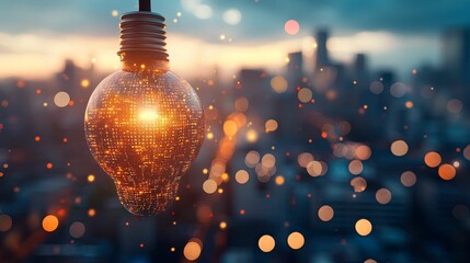 Illuminated Lightbulb Displays Binary Code Over Cityscape