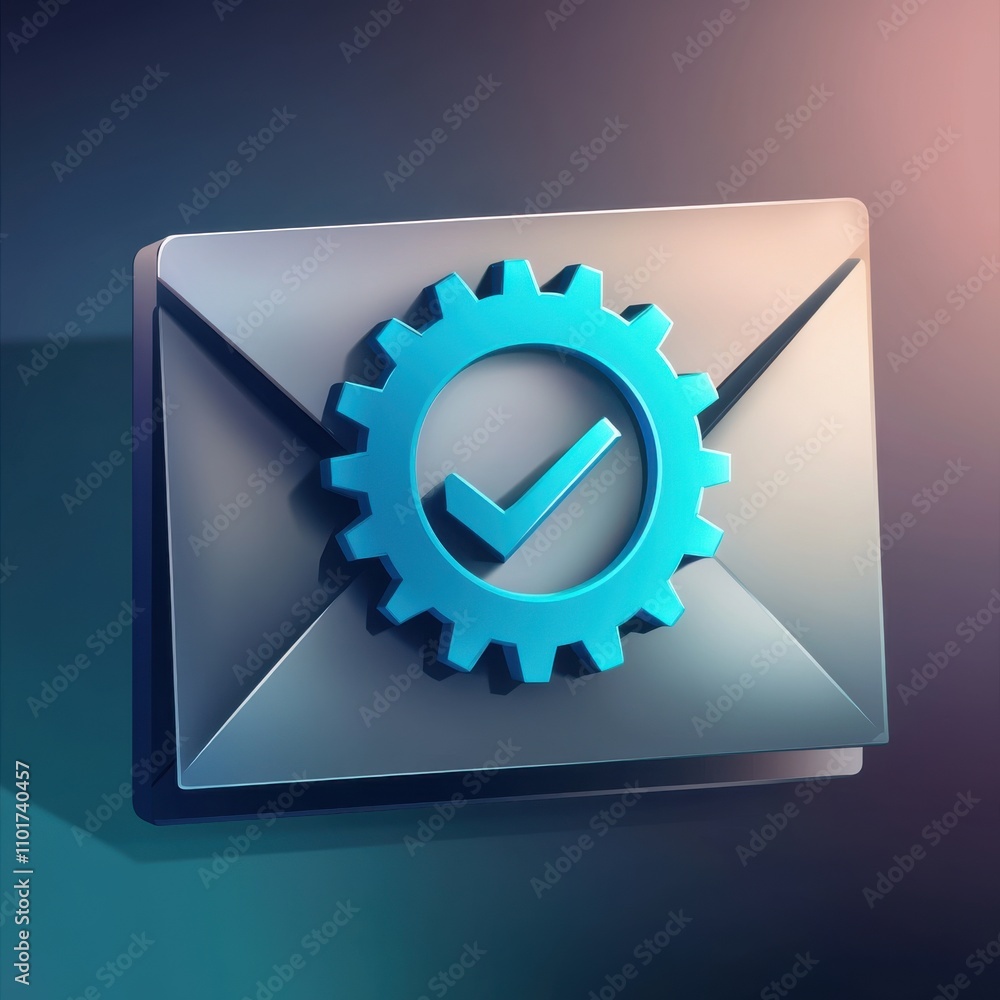 Poster a blue envelope icon with a gear and check mark symbolizing email automation and efficiency.