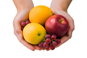 Hand full of grapes, oranges, and an apple. a bunch of grapes and an apple holding in the hand isolated on transparent white background