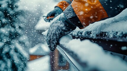 Gloved hands clear snow from a frozen gutter