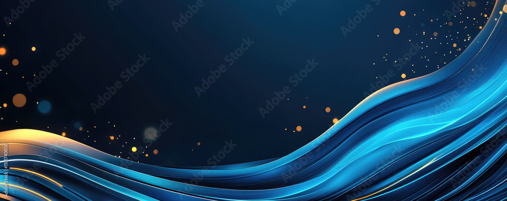 Poster futuristic blue wave, an abstract design featuring luminous particles and flowing lines, creating a 