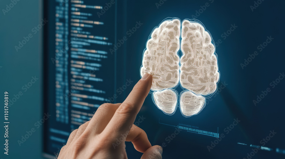 Poster ai and medicine fusion, a hand interacting with a digital brain hologram on a computer screen, surro