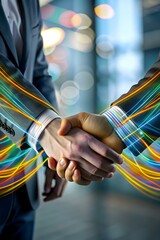 Business Handshake with Colorful Light Trails Symbolizing Collaborative Success in Diverse Communities - Stock Photo Concept