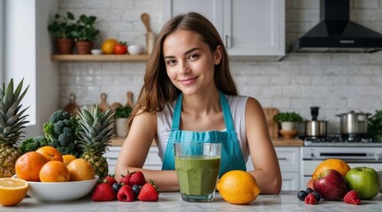 a beautiful girl in a bright kitchen prepares nutritious smoothies