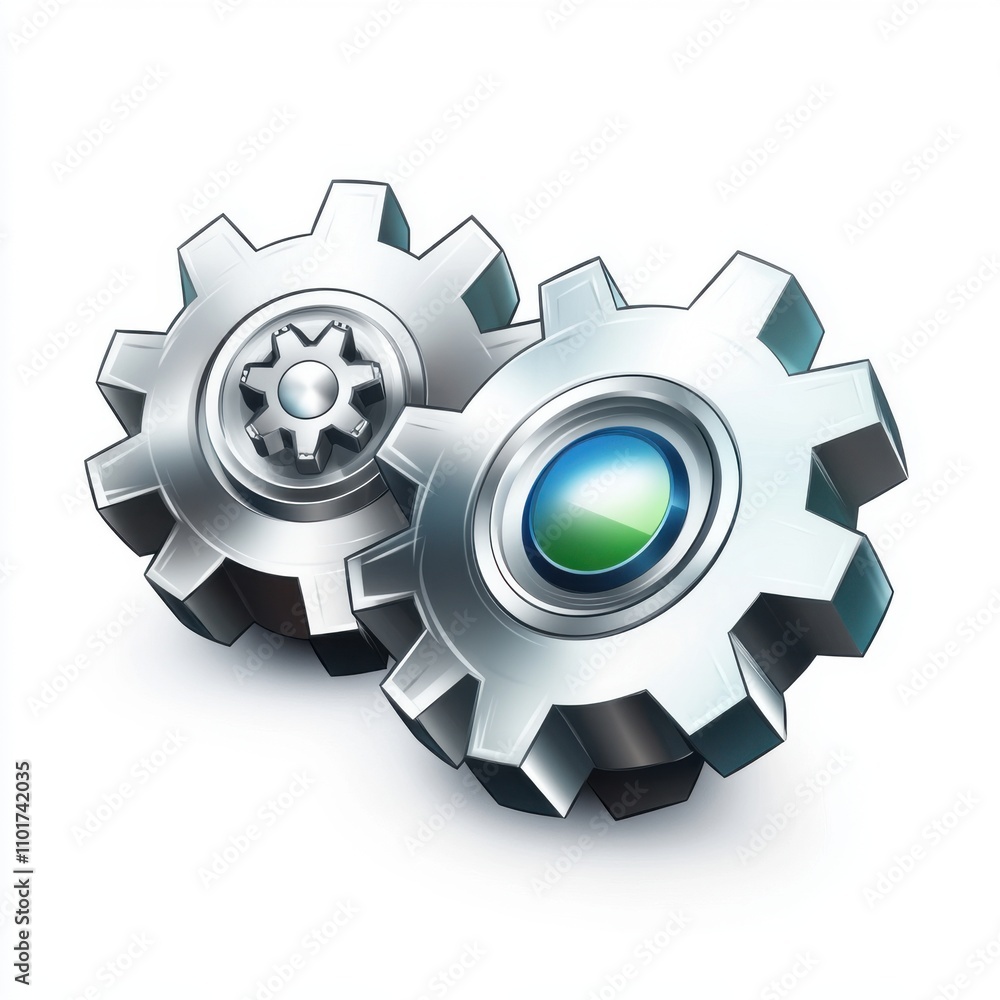 Poster two metallic gears symbolizing technology and engineering with a glossy finish, conveying a sense of