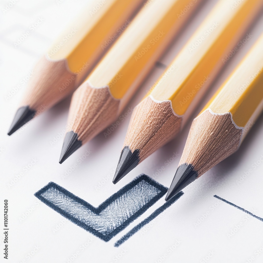 Poster four sharpened yellow pencils beside a completed checklist checkbox.